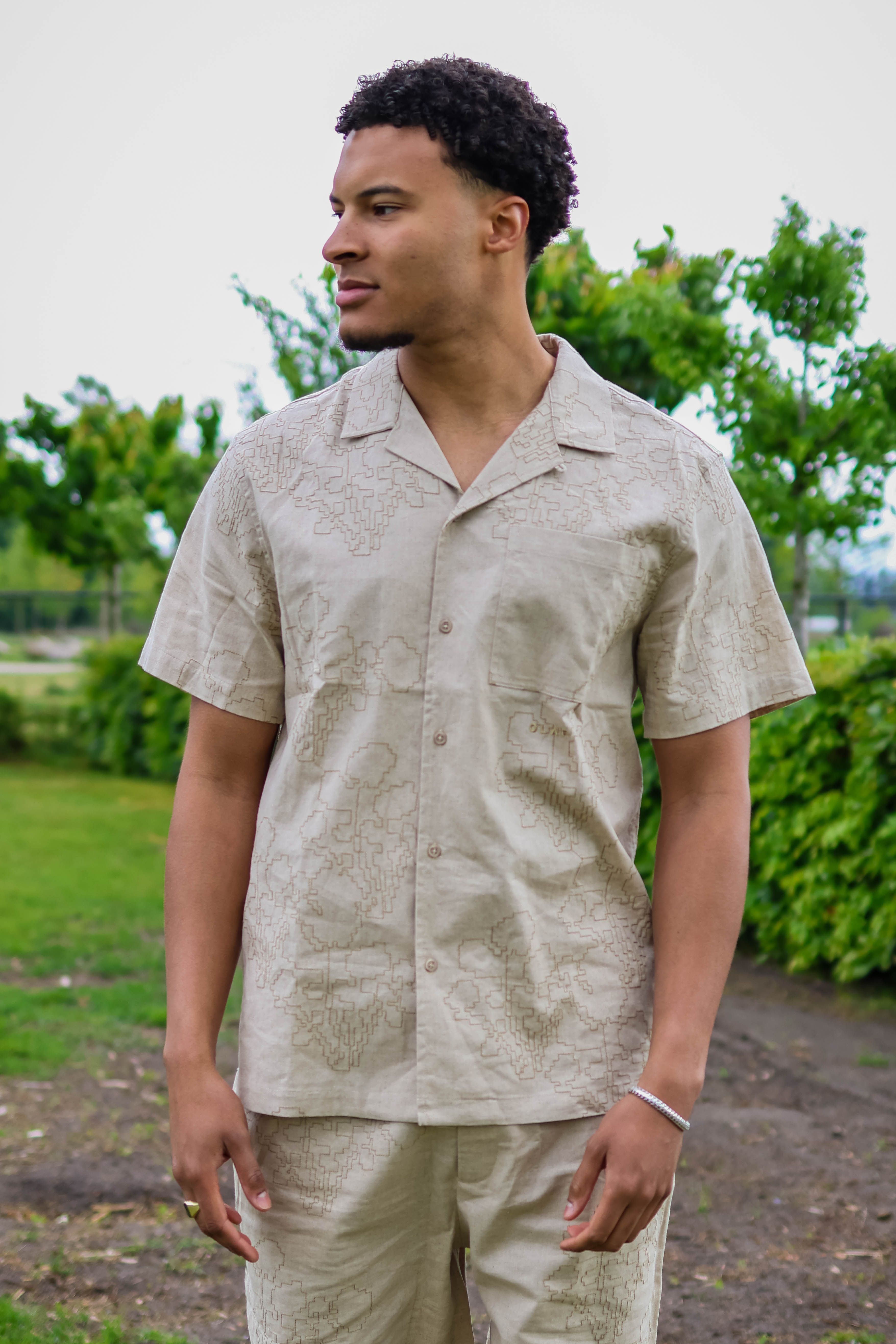 OLAF Heren Overhemd Korte Mouw Beige 1