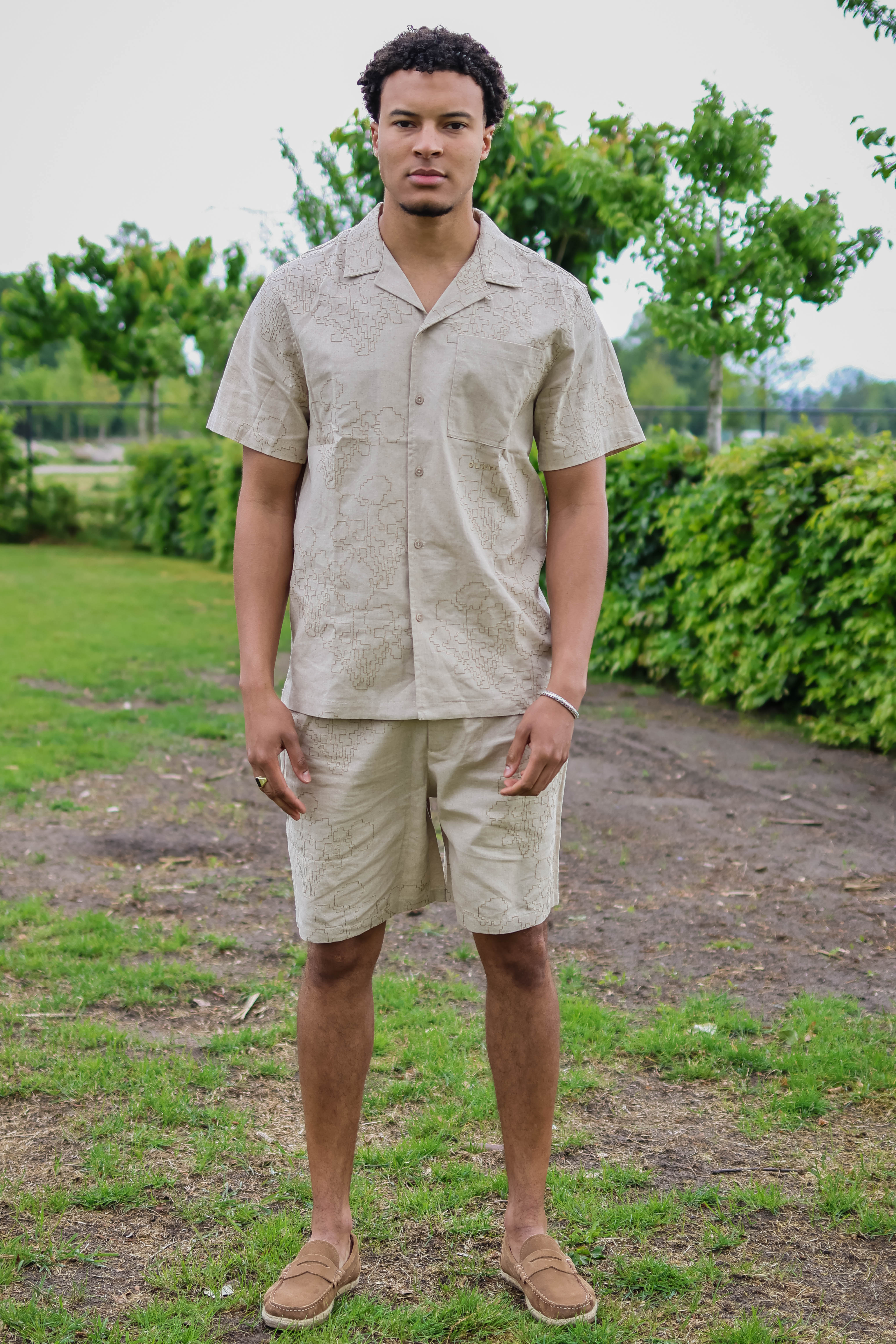 OLAF Heren Overhemd Korte Mouw Beige 2